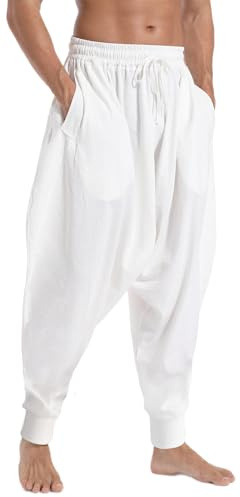 AITFINEISM Men, Boys, Women, Girls Elastic Waist Casual Loose Yoga Aladdin Hippie Harem Pants (Large, White New