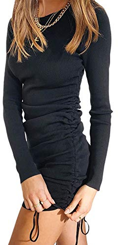 YILEEGOO Women Bodycon Ruched Mini Dress Long Sleeve Side Drawstring Stretchy Casual Ribbed Knit Party Club Dress (Black, M)