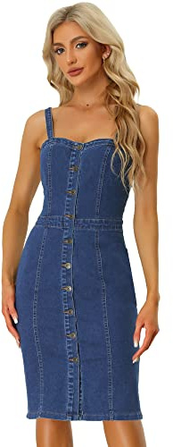Allegra K Button Down Denim Dress for Women's Sleeveless Sweetheart Neck Jeans Dresses Blue M