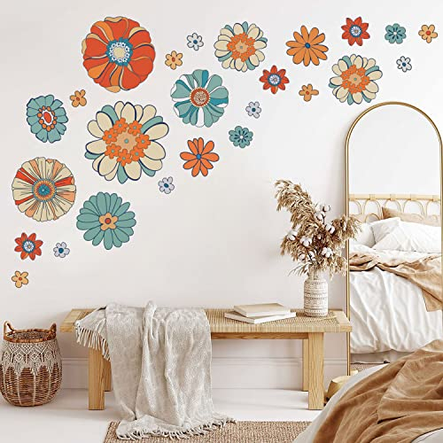 Tanlaby Adesivi Murali Fiori Retrò Adesivi da Parete Fiore Colorato Adesivo Murale Fiori Hippie Removibili Stickers Muro per Camera da Letto Soggiorno Ufficio Divano TV Decorazione Parete