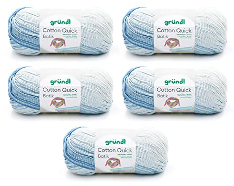 Gründl Wolle Cotton Quick Batik Strickgarn 5 x 100 g, Hellblau-Blau | dünne Wolle zum Häkeln mit Farbverlauf - Glänzend und hautfreundlich - 100 % Baumwolle - 100 g / 260 m - Nadelstärke 3 - 4