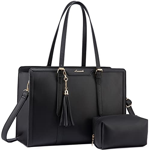 LOVEVOOK Laptop Bag for Women 15.6 inch Lightweight PU Laptop Tote Bag, Large Capacity Computer bag with Clutch Purse for Business, Work, Office, Travel, School,Casual(Black & Leather)