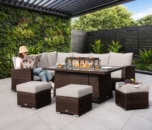 Rattan Garden Furniture with Fire Pit Table - 8 / 9 Seater Outdoor Furniture Rattan Corner Sofa Corner Garden Patio Sets - FREE RAIN COVER (Dark Brown, Left or Right Hand - Firepit Table)
