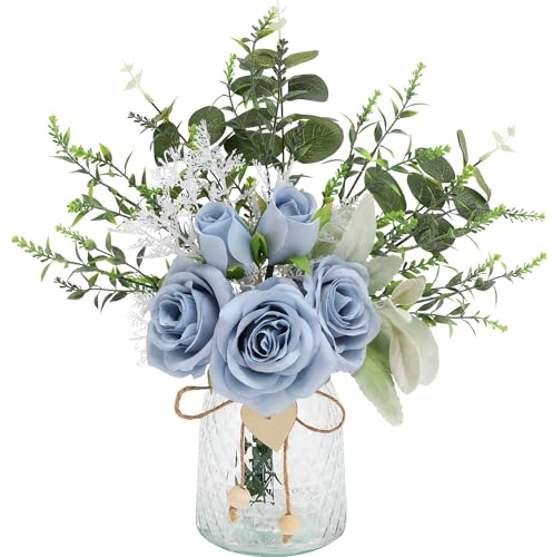 Floralsecret Künstliche Blumen mit Vase,Blau Rose Künstliche Seidenblumen in Vase,Rosenstrauß Blumenstrauß Künstlich für Tisch Centerpieces Zuhause