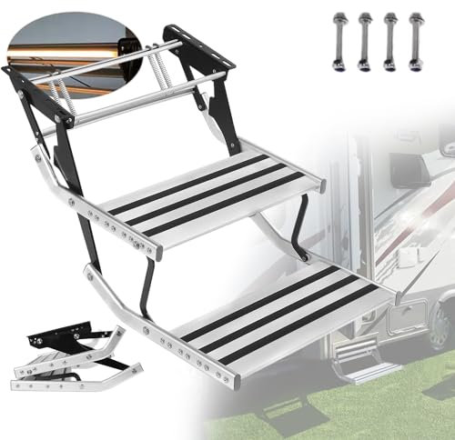 aallwwsso Marchepied Manuel en Aluminium avec lumière pour Caravane, marchepied Simple/Double pour Camping-Car, marchepied d'entrée en Acier Inoxydable pour remorque de Voyage, Camion,B