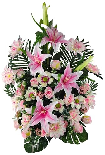 Centro de Flores Artificiales Rosa para Cementerio, Bodas, Iglesias con liliums, dalias, Rosas 82x76x30 cm