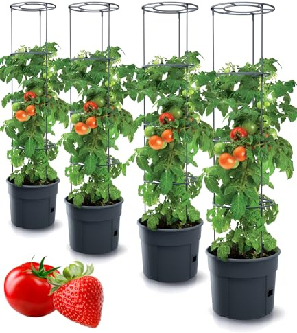Tymar Macetas para tomates, tomates, tomates, balcón, con enrejado, con almacenamiento de agua (4 unidades, diámetro de 40 cm)