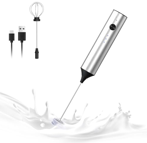 ELMWAY 3-Speed Electric Milk Frother – Rechargeable Handheld Coffee Whisk with Brushed Stainless Steel Body, USB-C Charging, Long-Press Stop & 2 Replaceable Whisks – Silver