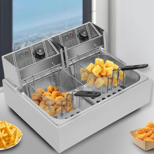 Friteuse professionnelle, 12 litres（monocylindre）thermostat réglable, Acier inoxydable,Plage de température : 60°C-200°C /140°F-392°F,pour un usage domestique ou commercial.