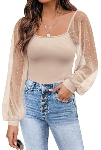 Timuspo Bluse Damen Long Sleeve Off Shoulder Oberteil Ribbed Knit Basic Langarmshirt Polka Dots Shirt Puffärmel Damen Sommer Tops Aprikose M