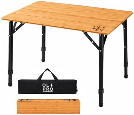 OLPRO Bamboo Camping Table 65 x 50cm, 4-Folding Portable Outdoor Table with Adjustable Aluminium Legs, Compact Carry Bag, 30kg Load Capacity for Camping, Caravan, Campervan, Picnics & BBQs