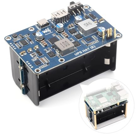 Waveshare UPS HAT (E) for Raspberry Pi 5/4B/3B+, Supports 4× 21700 Li Batt (NOT Included), Bi-Directional Fast Charging, 5V 6A Output, Pogo Pins Connector