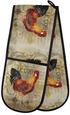 Double Oven Gloves Heat Resistant Vintage Rooster Double Oven Mitts Pot Holder Heat Protection Oven Gloves for Home Kitchen Baking Cooking BBQ Microwave