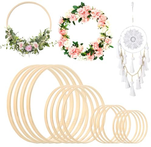 16 anelli in legno di bambù per fai da te, 4 misure, acchiappasogni, fai da te, anelli in legno, anelli di bambù, set per decorazioni da parete
