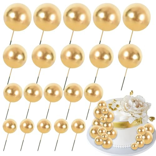 Decoracion Tarta Bolas 20 Piezas Bolas Cake Topper Decoracion Pastel Cumpleaños para CumpleañOs de Niños, Baby Shower, Boda (Dorado)