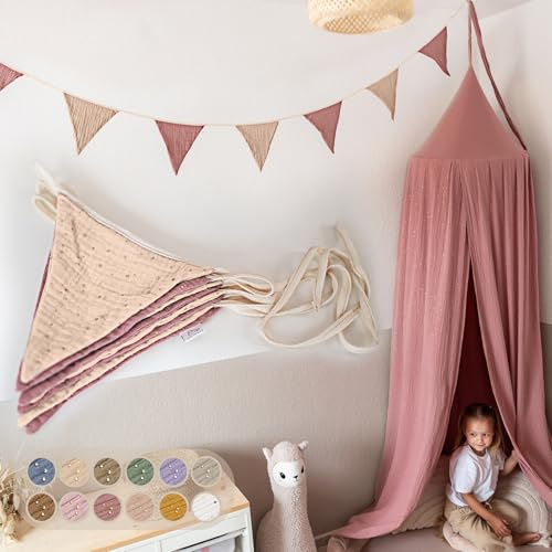 LILIMAUS Flaggirlang, tyg [med guldapplikation i 12 färger] flaggirlang, barnrum – 100 % handgjord girlang, tyg – vimpelkedja, muslin, hussäng, dekoration flickor och pojkar för babyrum