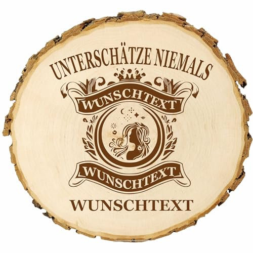 KIWISTAR UG - Baumscheibe - 36-40 cm - Unterschätze niemals - personalisiertes Geschenk individuell selbst gestalten - Name - Holzscheibe mit Wunschtext - Naturholz - Geschenk - Türschild