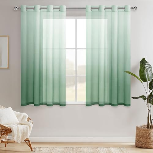 Hiasan Gardinen mit Ösen Vorhänge Farbverlauf Halbtransparent Wohnzimmer | Salbeigrün 140x145cm 2er Set, Ösenvorhang Gardine Vorhang aus Voile Leicht moderne Dekoschal für Schlafzimmer Kinderzimmer