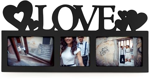Universal Stock Marco de Fotos Love - Collage 3 Fotos, Decoración para Pared, Tamaño 45 x 22,5 cm, Portafotos Múltiple - Regalo Personalizado Ideal - Color Negro