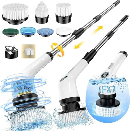 FYDEE Electric Spin Scrubber, Bathroom Cleaner Brush with 7 Replaceable Brush Heads, IPX7 Waterproof Shower Power Scrubber, Electric Cleaning Brush for Kitchen, Bathroom, and Floor