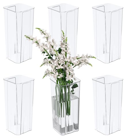 Asking 23 cm Clear Square Acrylic Vase for Flower, 6 Pack Plastic Flower Vase for Centrepiece, Home, Wedding Decorative