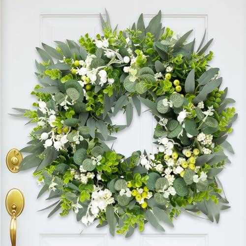 Eucalyptus Wreath for Front Door, 20 inch Spring Summer Wreath, Artificial Door Wreath, Large Green Leaf Wreaths with Berries Decorative Garland for Wedding Door Party Window Wall Fireplace Decor