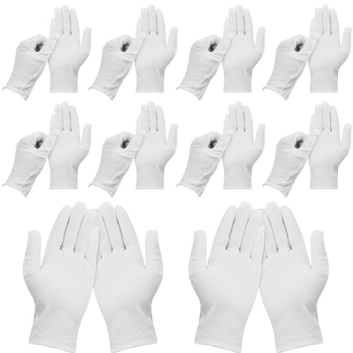 10 paia di guanti in cotone bianco, guanti in tessuto morbido, guanti cotone dermatologici, 24 cm, lavabili e sottili, per la pulizia, per lavori domestici, ispezione di gioielli, attività di catering