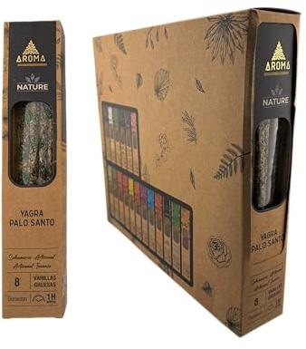 HOSTENATURA Aroma Nature | Caja Incienso Orgánico Yagra y Palo Santo | 12 Cajas de 8 Barritas Gruesas | Incienso Natural Artesanal de Larga Duración | Aroma Energizante y Purificador