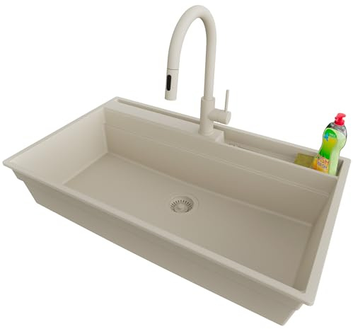 PRIMAGRAN Fregadero Granito Beige 88x53cm, Cocina 1 Seno + Grifo 40x20cm + Sifón, Sobre encimera al mueble 90cm - Oslo Pocket