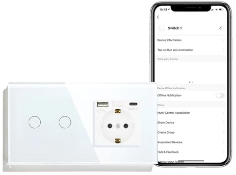 Interrupteur mural tactile Wi-Fi avec prises USB Type-C et panneau en verre contrôlé par application(2Gang Type-C Socekt)