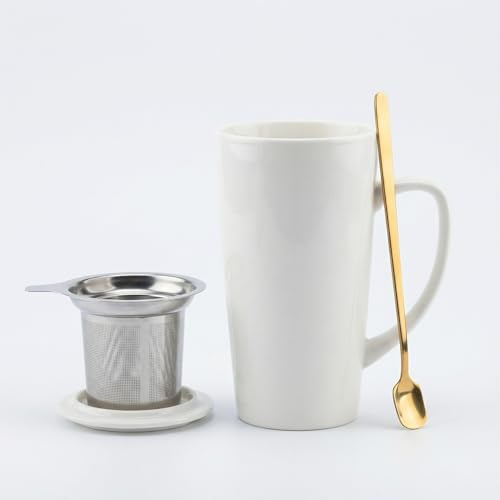 LOAMCRAF 15 Ounce Porcelain Tea Mug with Infuser, Lid and Spoon, Loose Leaf Tea Cup (White)