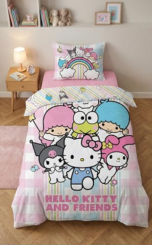 Hello Kitty and Friends Enkelsäng Påslakan 140x200 + Örngott Kawaii Rosa | Vändbart sängset | Mjuk mikrofiber snabbtorkande Oeko-Tex | Regnbågssamling med vänner | Sanrio | Barnrum