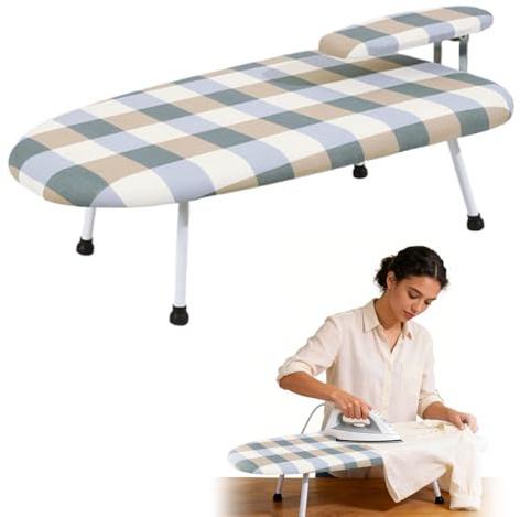 Bügelbrett Klein, 60x37 cm Klappbares Tischbügelbrett mit Anti-Rutschbeinen & Hitzeschutzgitter, Platzsparender Mini Bügelbretter für Wohnung, Reise und Home-Office (Klassische Karo)