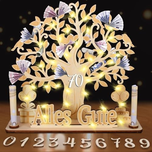 LED Geldgeschenke Geburtstag,70 Geburtstag Mann Frau,Personalisierte Geldgeschenke Geburtstag Lebensbaum Holz,DIY Zahlen Geldgeschenk Deko,18 40 50 60 70 DIY Zahlen WunscherfüLler Geldgeschenk(70)