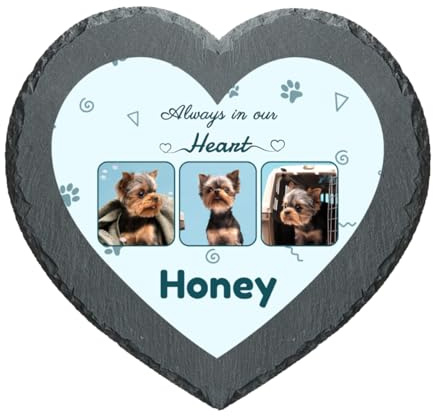 Personalised Pet Memorial Stones for Dog Cat Engraved 3 Photos Name Date Custom Heart-Shaped Pet Plaque Text Customised Tombstone Grave Garden Decorative Remembrance Stone Loss Gifts for Animal