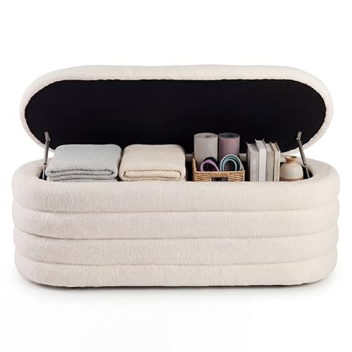 SOARS Pouf Coffre de Rangement, Banc de Rangment en Tissu Bouclé | Assise Rembourrée, Couvercle Relevable, Patins Antidérapants, Bout de Lit Style Moderne pour Entrée, Chambre, Salon