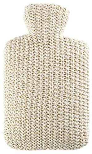 Hugo Frosch Wärmflasche Klassik 1,8 l mit Strickbezug Lurex Creme-Gold | Große Bettflasche Made in Germany, auslaufsicher & langlebig, mit kuscheligem Überzug, abnehmbar & waschbar