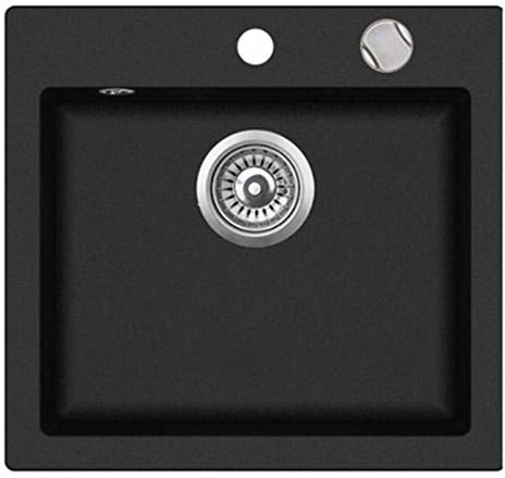 VBChome, Lavello da incasso in granito, 46 x 49 cm, singolo, lavabo da cucina screziato, con valvola rotante, sifone e miscelatore monocomando, Nero