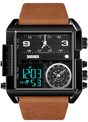 Gosasa Orologio sportivo da uomo, quadrato, digitale, con quadrante grande, LED, analogico, al quarzo, con fusi orari, cronometro impermeabile fino a 50 m