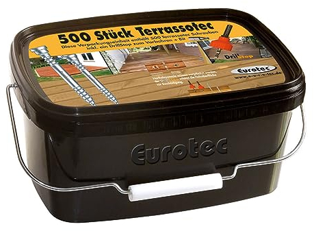 Eurotec, Terrassotec Terrassenschrauben 500 Stück; Edelstahl gehärtet; TX25; im Eimer, inkl. Drillstopbohrer + Bit (Größe: 5,0 x 70 mm)