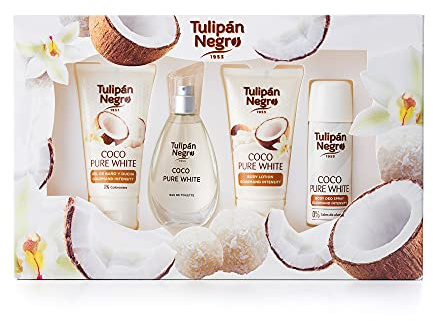 Tulipán Negro - Estuche Coco Pure White, Colonia 50 ml + Loción Corporal 75 ml + Gel de Baño 75 ml + Desodorante Spray 50 ml, Fragancia Dulce y Tropical