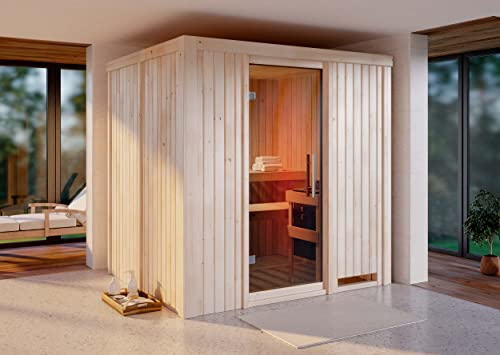 FinnTherm Sauna intérieur Enie avec entrée avant en bois - 68 mm d'épaisseur - Cabine de sauna infrarouge