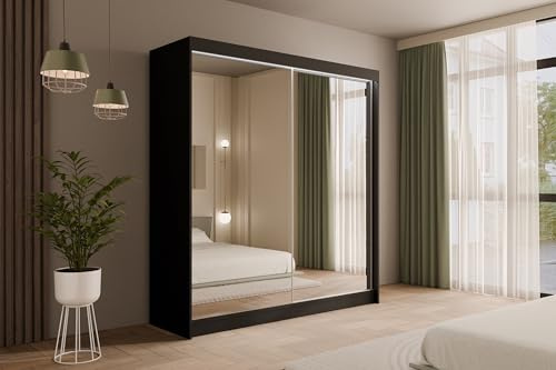 ALTDECOR Kleiderschrank mit Spiegel und Schiebetüren, kugelgelagerte Führungsschienen und Aluminium-Leisten, LED-Beleuchtung (weiß + 16 Farben) und Fernbedienung - AMOHA - 200cm Schwarz