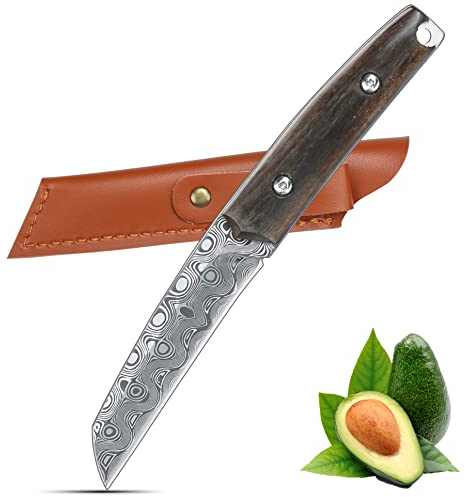 WILDMOK Schälmesser Edelstahl 9,2 cm, Allzweckmesser Full Tang Obst Gemüse Schneiden Schnitzen Küchenmesser mit Lederetui (A)