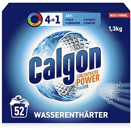Calgon 4-in-1 Power Pulver – Wasserenthärter gegen Kalkablagerungen, Schmutz und Korrosion in der Waschmaschine – Beugt unangenehmen Gerüchen vor – 1 x 1,3 kg