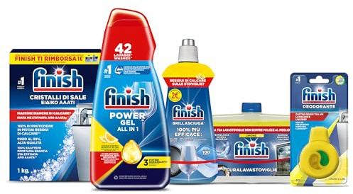 Finish Kit Lavastoviglie; Finish Powergel Detersivo Lavastoviglie Lemon 42 Lavaggi, Brillantante Limone 500ml, Curalavastoviglie Limone 250ml, Cristalli di Sale 1kg, Deodorante