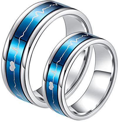 BCughia Freundschaftsringe Beste Freundinnen, Paar Ringe Blau Edelstahl 7 mm Blauer Rotierender Ring Herzschlag Damengröße 54(17.2), Herrengröße 54(17.2)