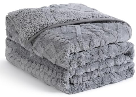 Topblan Weighted Blanket Twin Size 12 lbs, Soft Weighted Blanket with Doubled-Sized Shaggy Sherpa, Jacquard Knitted Stylish Warm Weighted Blankets Throw for Better Sleep, Grey, 48 x 72 inches