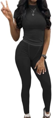 AYWA Two Piece Outfits for Women Fitted Crew Neck T-shirt High Waist Leggings Biker Shorts Matching Sets Streetwear (Black, Medium)