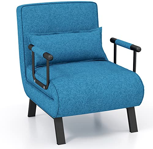COSTWAY Poltrona Letto, 4 in 1 Poltroncina Pieghevole con Schienale Regolabile in 6 Posizioni, Sedile Imbottito Robusto, Divano Letto Singolo per Casa Ufficio, 79x65x79 cm (Blu)